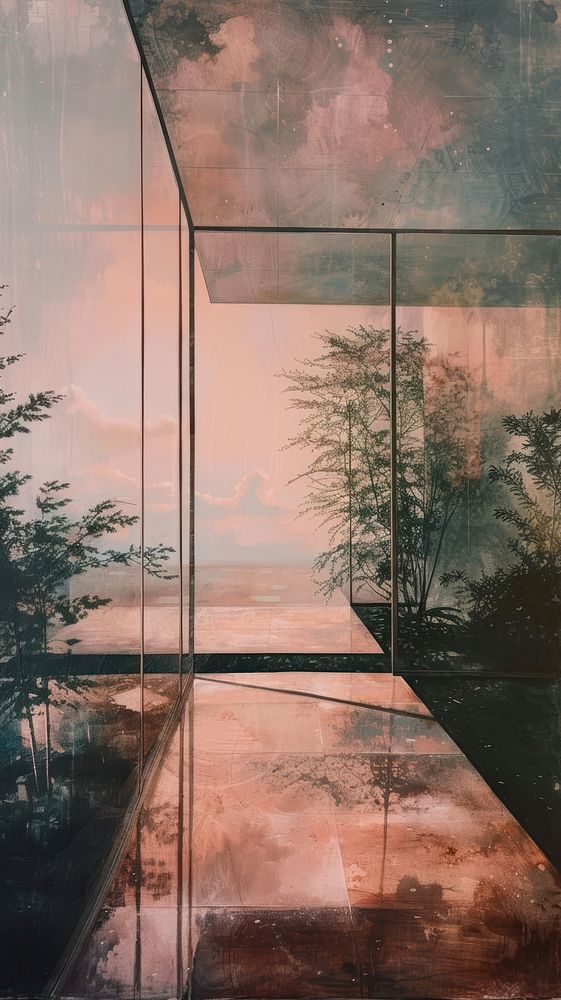 Minimal space glass house garden architecture painting nature.