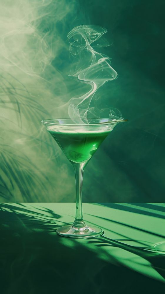 Minimal space green color cocktail or potion with smoke martini drink glass.