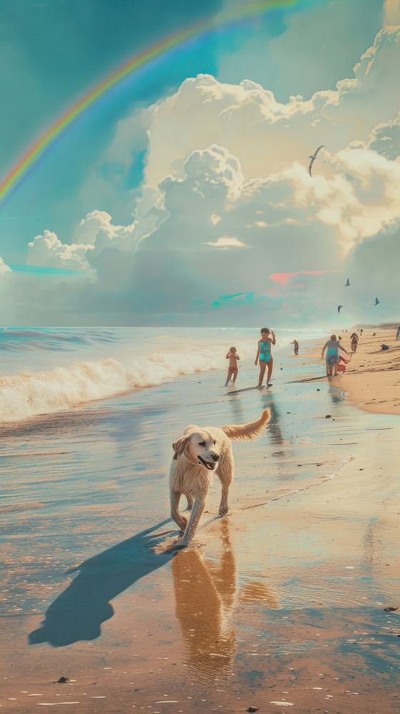 Minimal space Dog running after children under double rainbow at beach outdoors painting horizon.