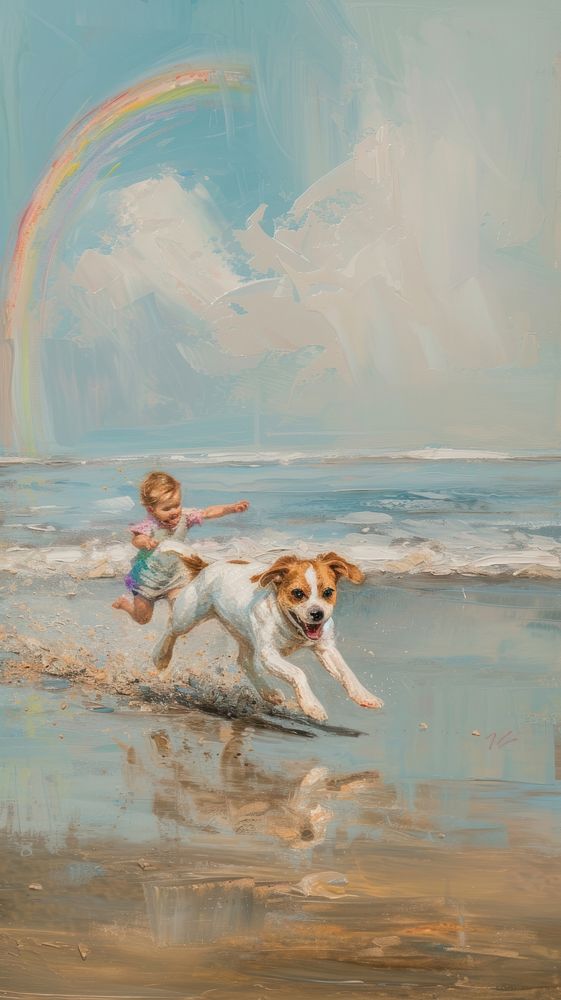 Minimal space Dog running after children under double rainbow at beach dog outdoors painting.