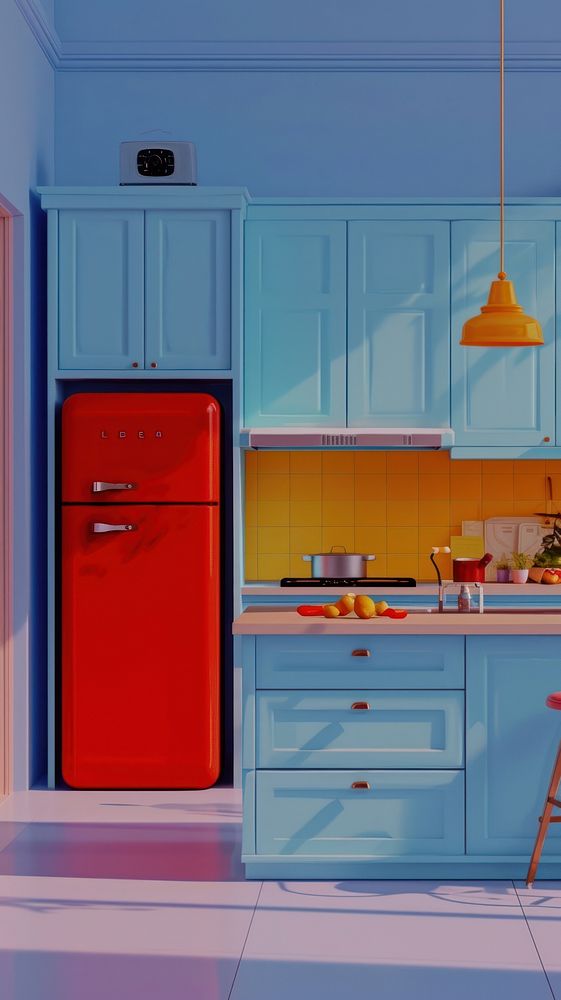 Minimal space Modern colorful kitchen interior furniture appliance refrigerator.
