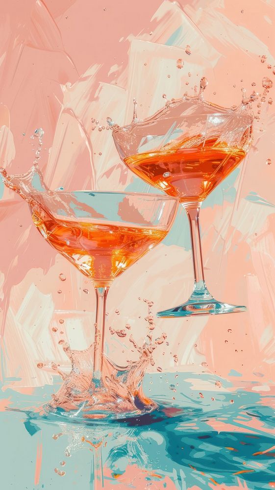 Minimal space Stemmed cocktail glasses making a toast splashin painting martini drink.