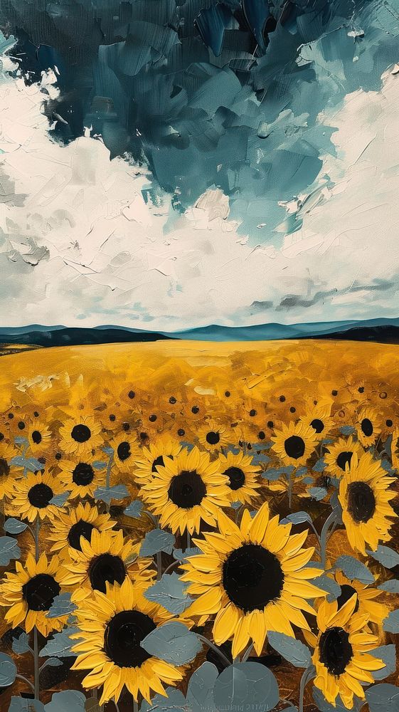 Minimal space sunflower field against sky painting landscape outdoors.