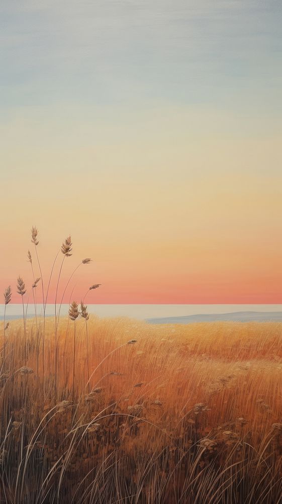 Minimal space sunset meadow landscape outdoors painting.