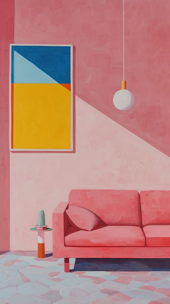 Minimal space Pink living room Interior painting furniture lamp.