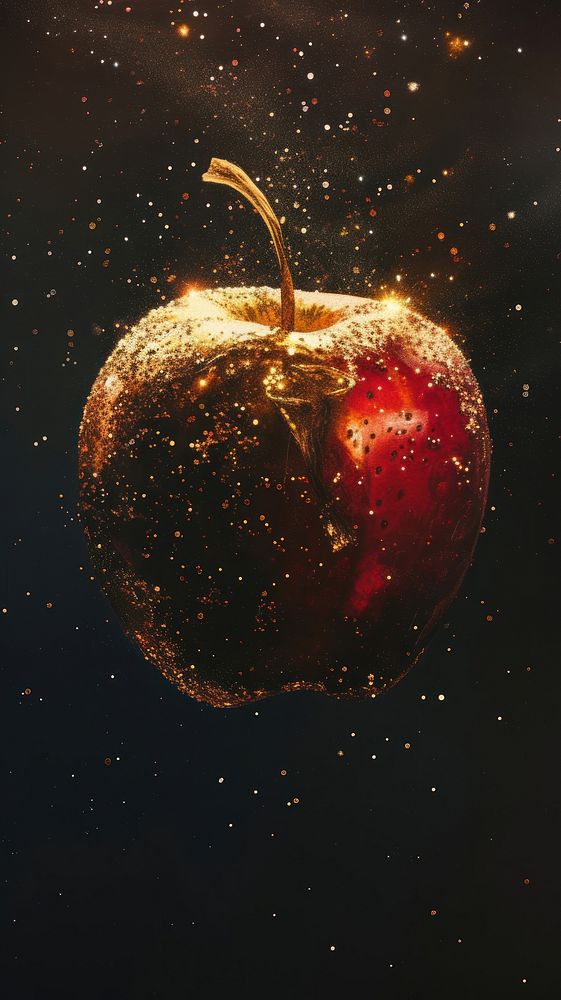 Minimal space Whimsical apple with glitter and lights painting fruit plant.