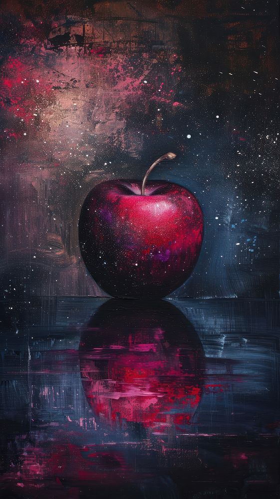Minimal space Whimsical apple with glitter and lights painting plant fruit.