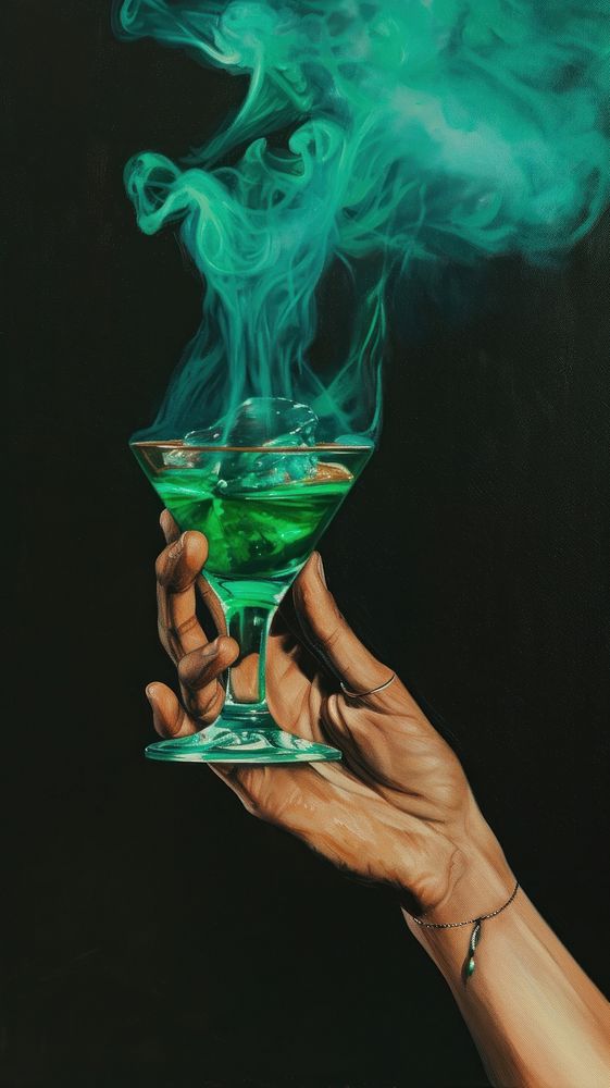Minimal space Witch hand and green color cocktail or potion with smoke painting smoking creativity.