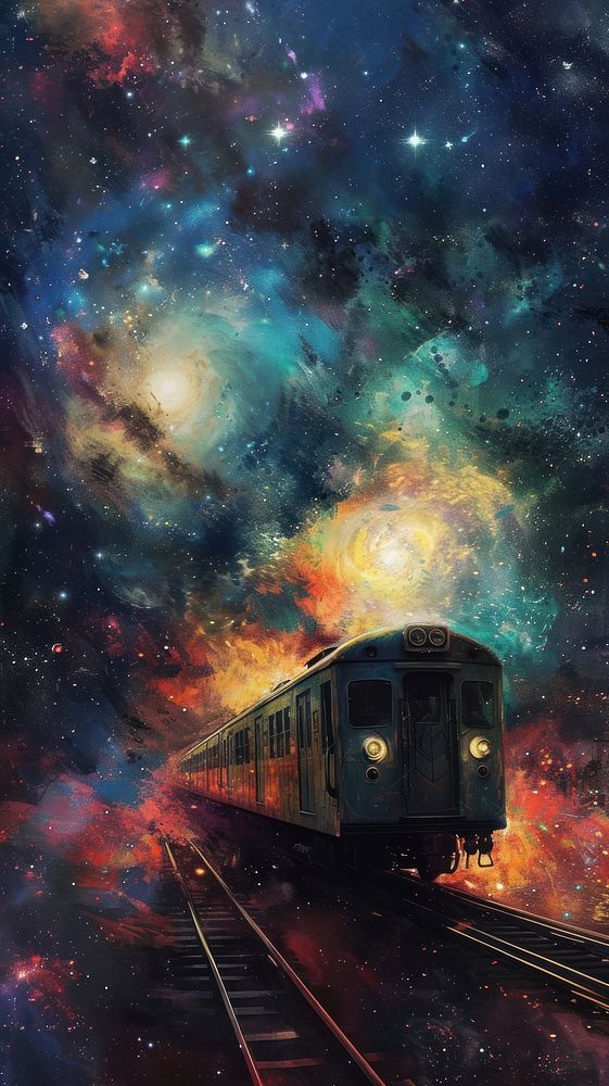 Minimal space Train running in galaxy train painting outdoors.