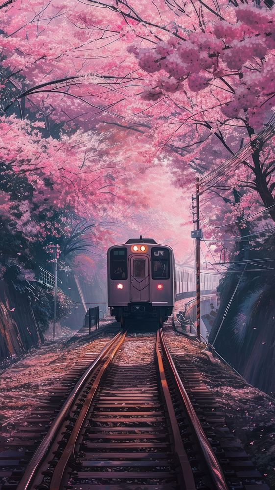 Minimal space train traveling on rail tracks with flourishing cherry blossoms along the railway vehicle autumn plant.