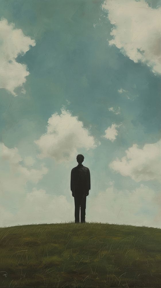 Minimal space young man on the grass field on the hill in spring silhouette standing painting.