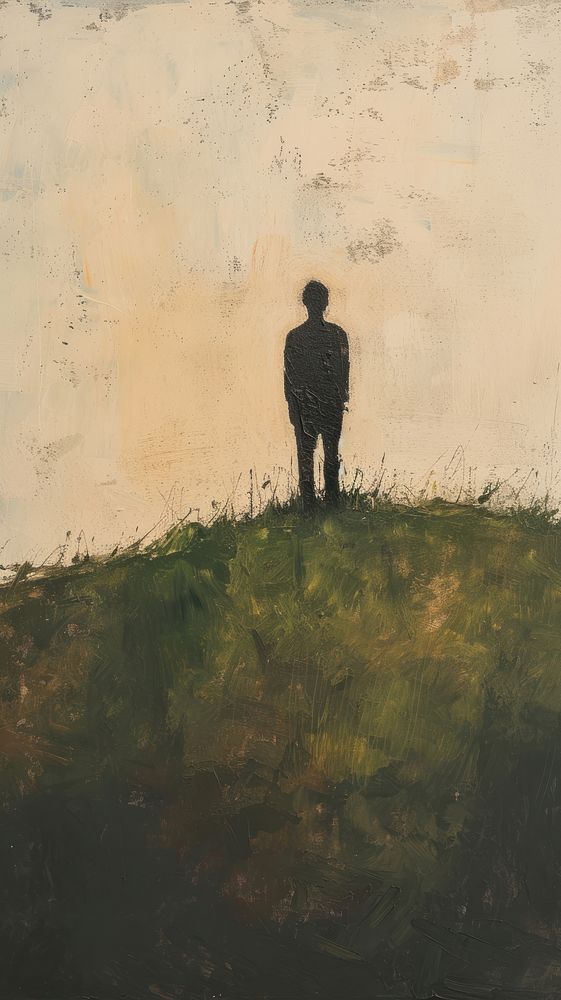 Minimal space young man on the grass field on the hill in spring painting standing walking.