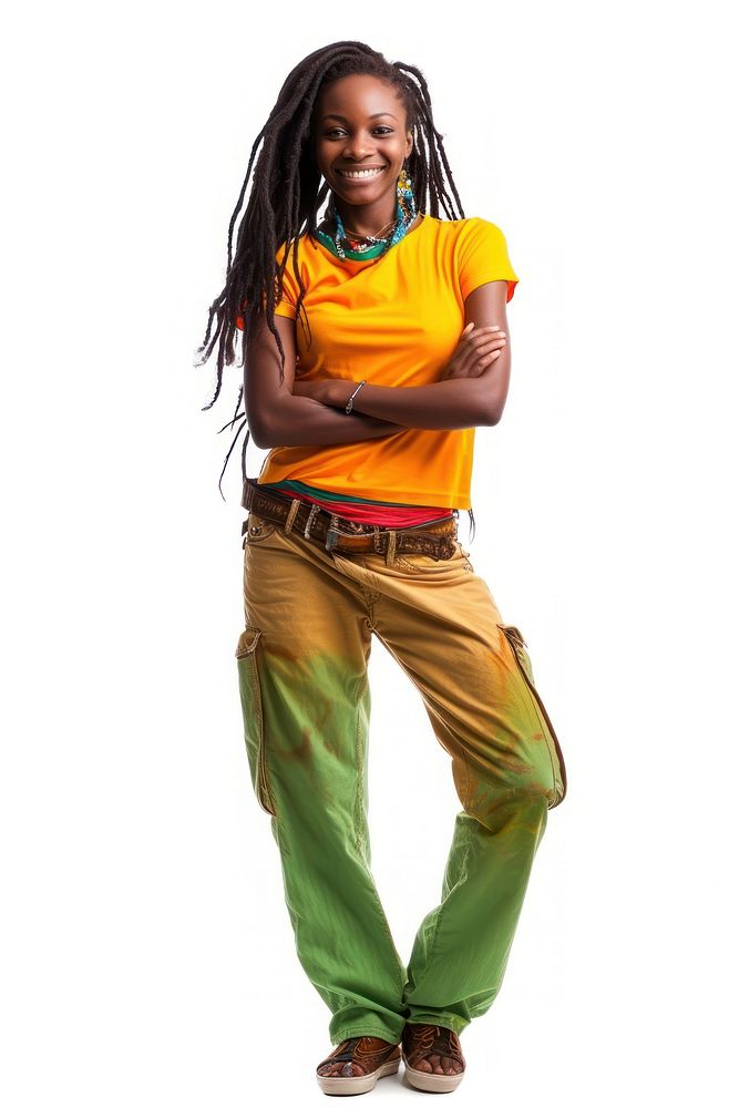 Jamaica reggae women smiling portrait standing white background.