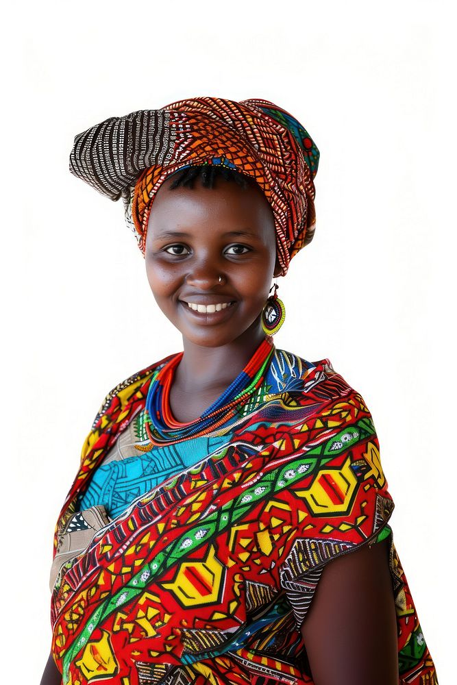 Kenyan african village girl in traditional costume cloth portrait smiling adult.
