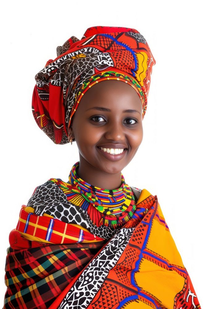 Kenyan african village girl in traditional costume cloth portrait smiling scarf.