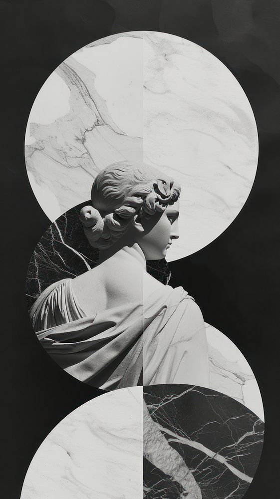 Cut paper collage with statue drawing sketch black.