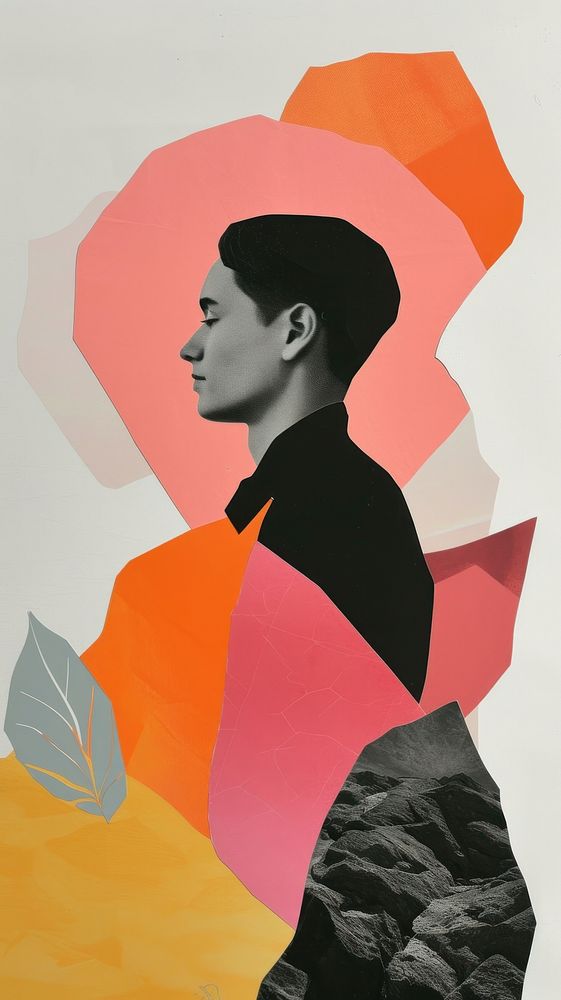 Cut paper collage with man painting art representation.