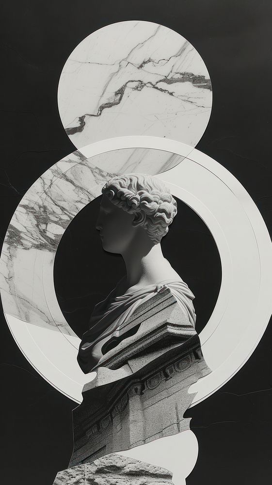Cut paper collage with statue sculpture white art.