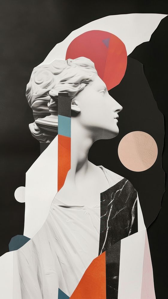 Cut paper collage with statue painting black art.