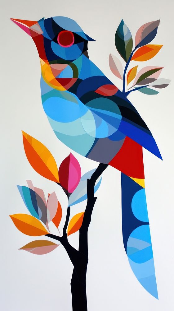 Cut paper collage with bird pattern shape blue.