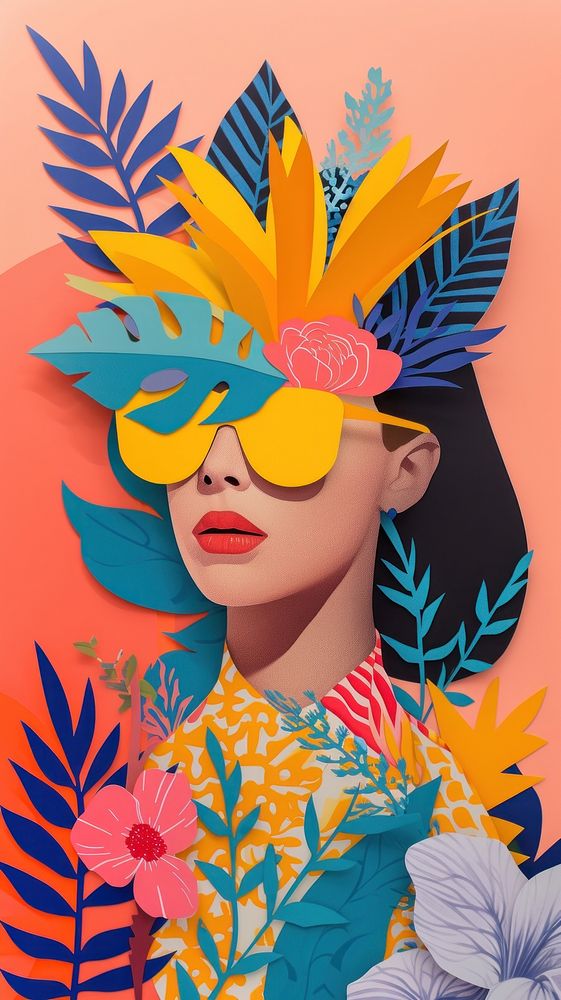 Colorful cut paper collage painting portrait women.