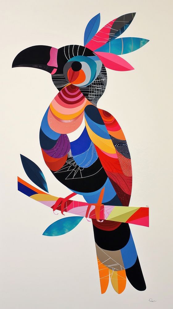 Cut paper collage with bird animal toucan art.