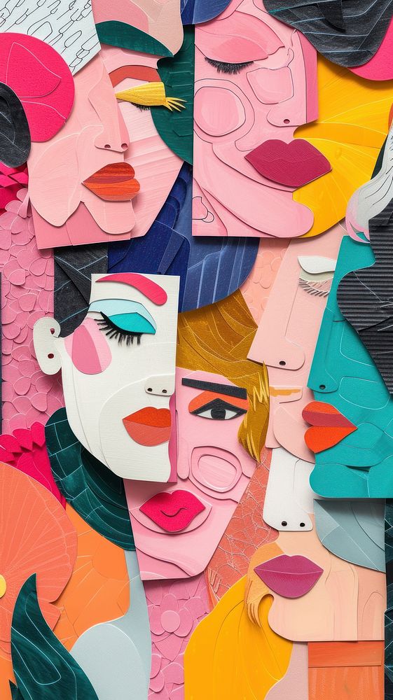Colorful cut paper collage drawing sketch women.
