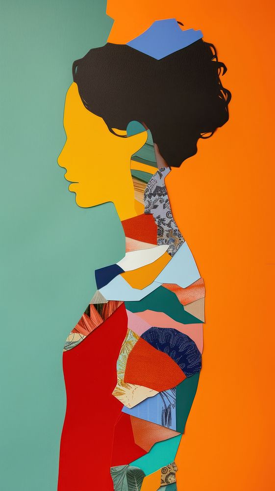 Colorful cut paper collage painting women art.