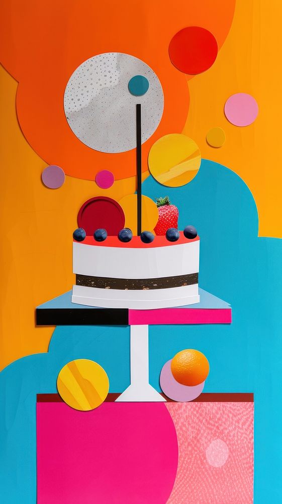 Colorful cut paper collage cake dessert food.