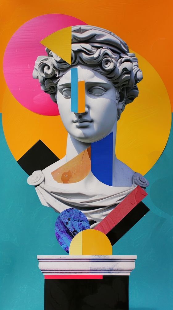 Cut paper collage with statue painting art representation.