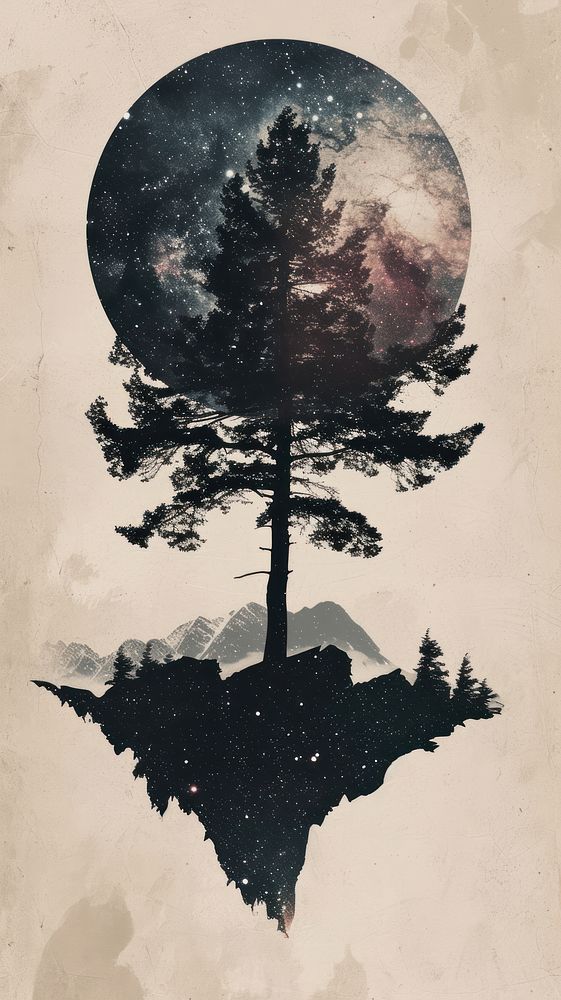 Dark story background silhouette tree mountain.