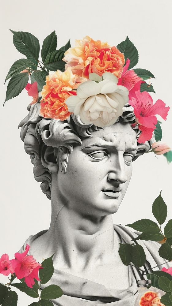 A man with sad statue head portrait flower plant.