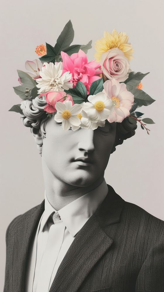 Business man with statue head portrait flower plant.