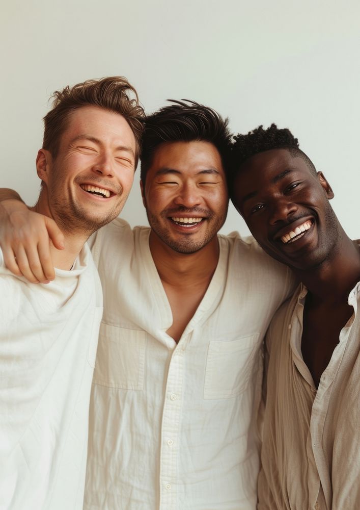 3 happy men laughing person adult.