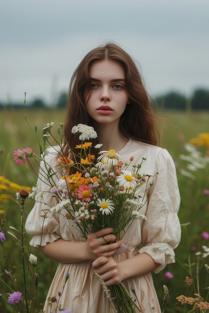 Woman holding a bouquet of flowers portrait plant grass.