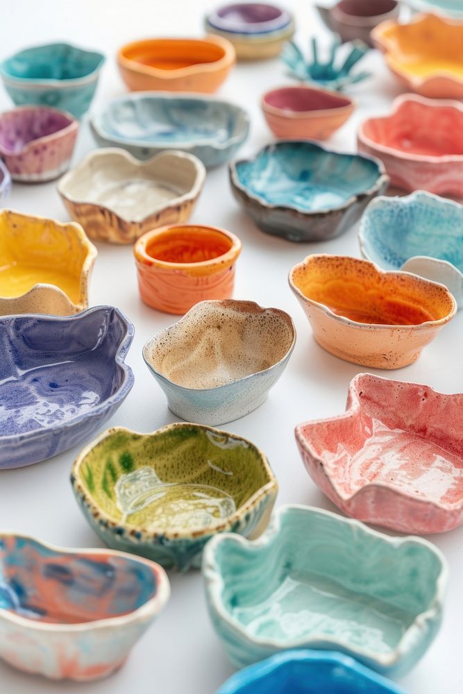 Colorful ceramic art made by kid bowl arrangement collection.