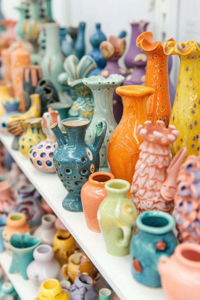 Colorful ceramic art made by kid pottery earthenware arrangement.