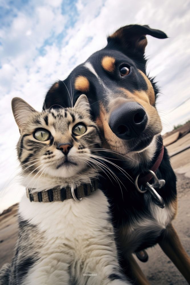 Selfie together cat and dog portrait outdoors animal.