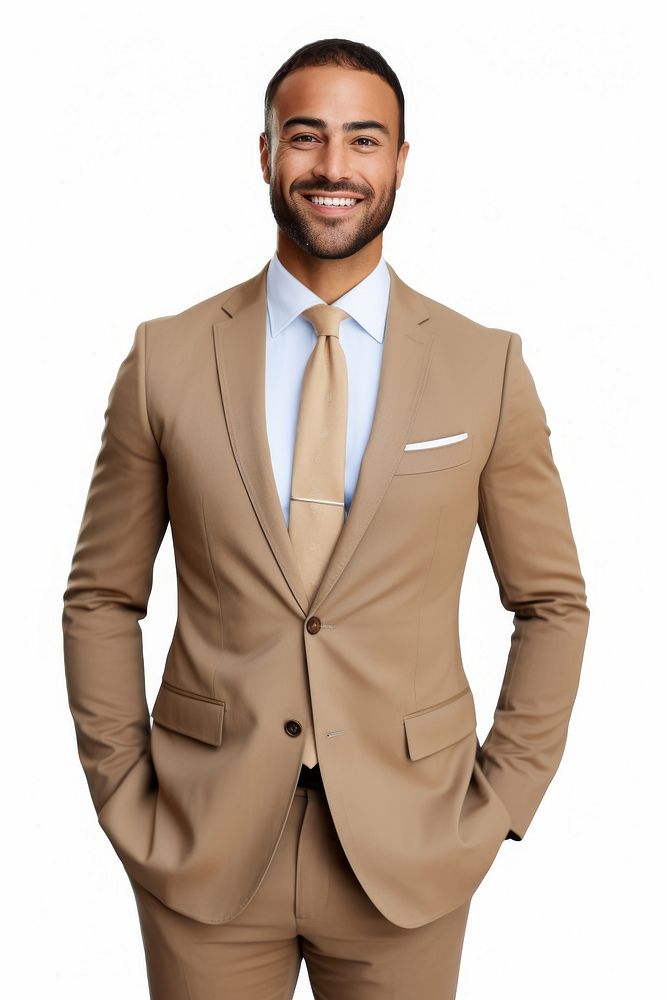 Smiling blazer suit white background.