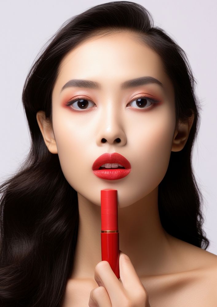Woman holding lip stick cosmetics portrait lipstick.