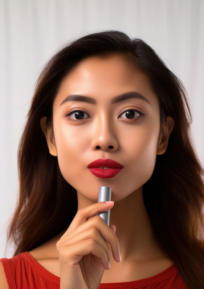 Woman holding lip stick cosmetics portrait lipstick.