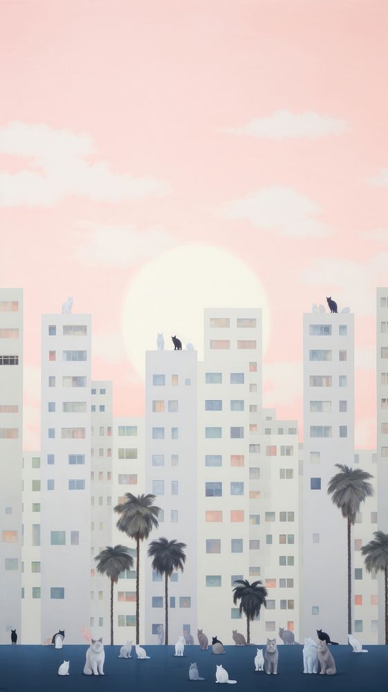 Cats in pastel sky architecture cityscape building.
