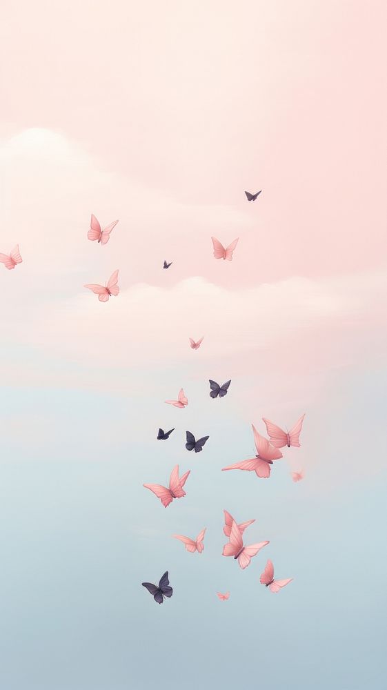 Butterflys in pastel sky flying flock bird.
