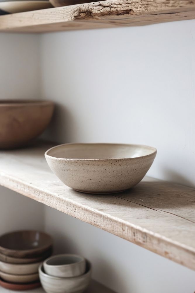 Minimal ceramic bowl on wooden shelf in kitchen earthenware simplicity tableware.