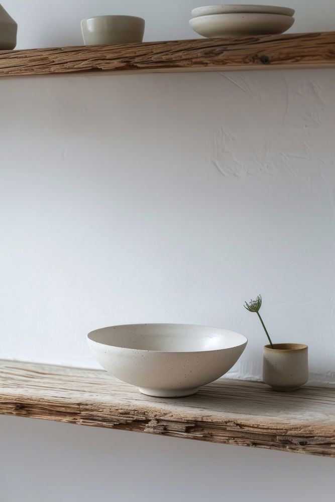 Minimal ceramic bowl on wooden shelf in kitchen furniture windowsill tableware.