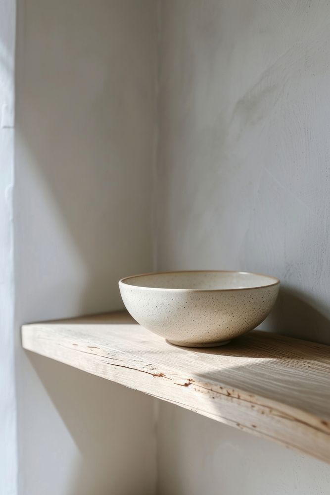 Minimal ceramic bowl on wooden shelf in kitchen simplicity windowsill floor.