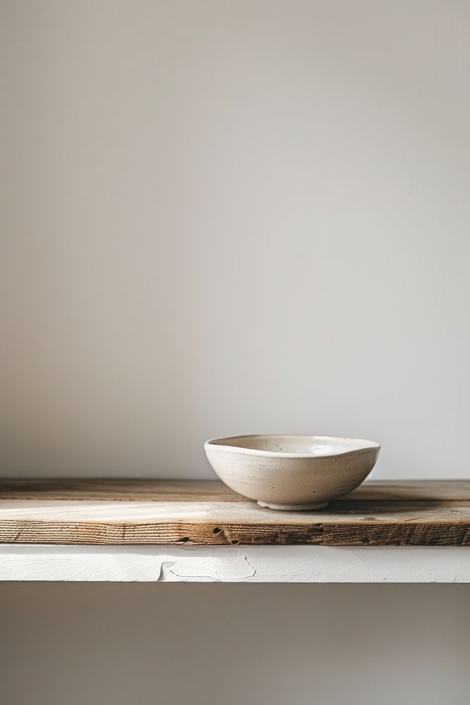 Minimal ceramic bowl on wooden shelf in kitchen simplicity windowsill furniture.