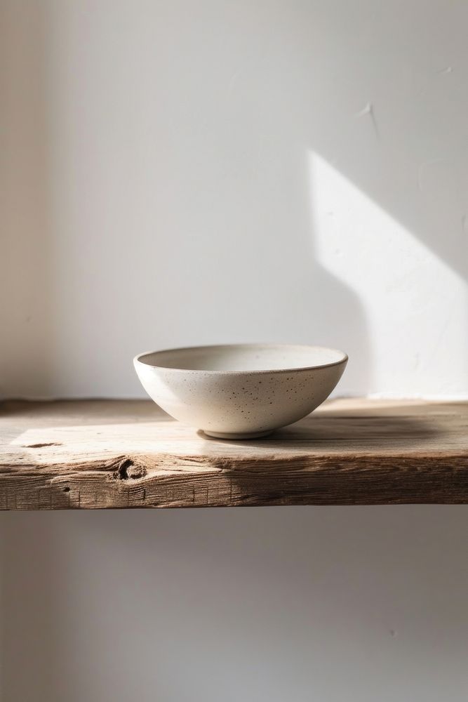 Minimal ceramic bowl on wooden shelf in kitchen simplicity windowsill tableware.