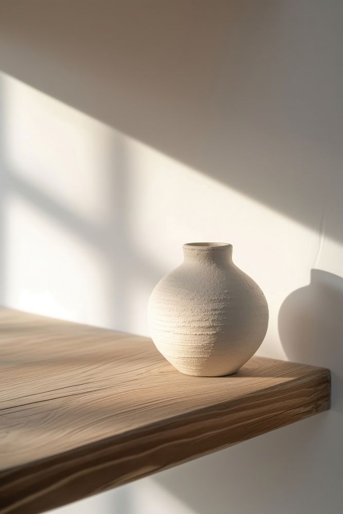 Minimal ceramic empty vase on wooden shelf in clean room white architecture simplicity.