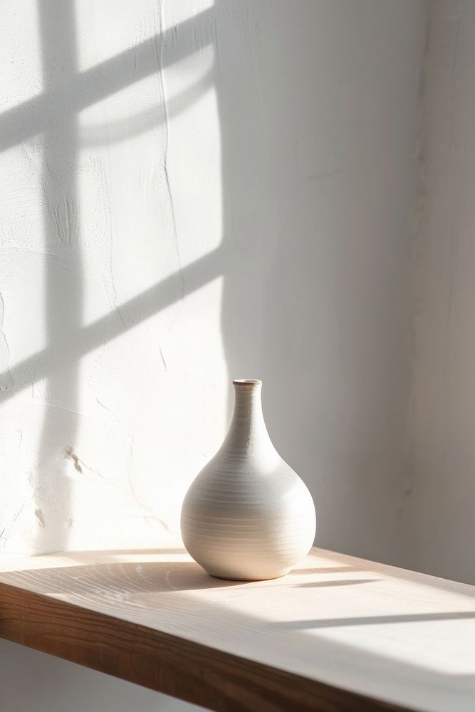 Minimal ceramic empty vase on wooden shelf in clean room windowsill pottery white.